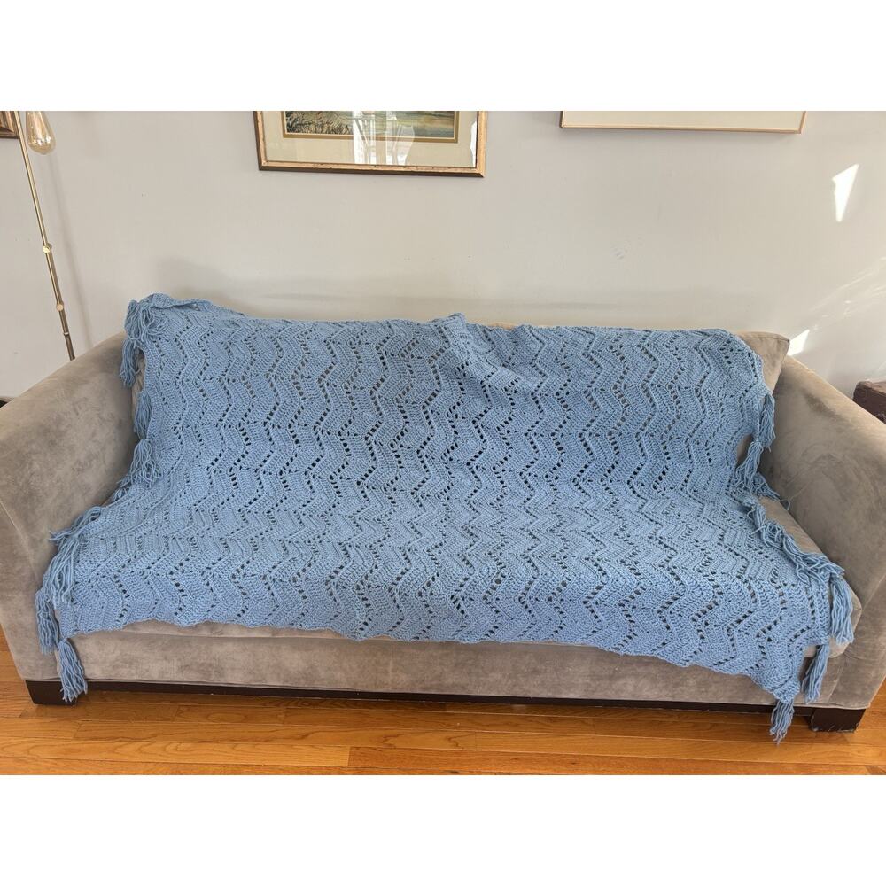 Blue Crochet Blanket Fringe 80” X 46”